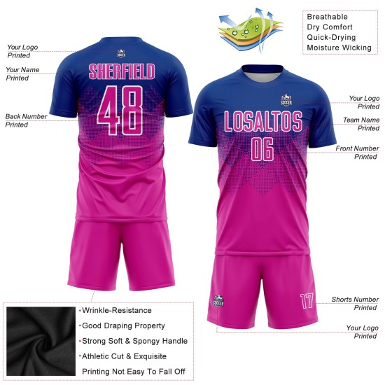 Diep roze-wit uniform Koninklijk shirt op maat gemaakt voetbal sublimatie Diep roze-wit uniform Koninklijk shirt op maat gemaakt voetbal sublimatie