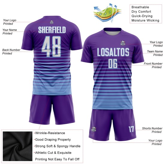 Custom Fade Soccer Blauw Uniform Krijtstreep Wit-Licht Mode Sublimatie Jersey Paars Custom Fade Soccer Blauw Uniform Krijtstreep Wit-Licht Mode Sublimatie Jersey Paars