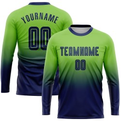 Uniform op maat gemaakt voetbal mode marineblauw fade shirt sublimatie groene mouw lange neon