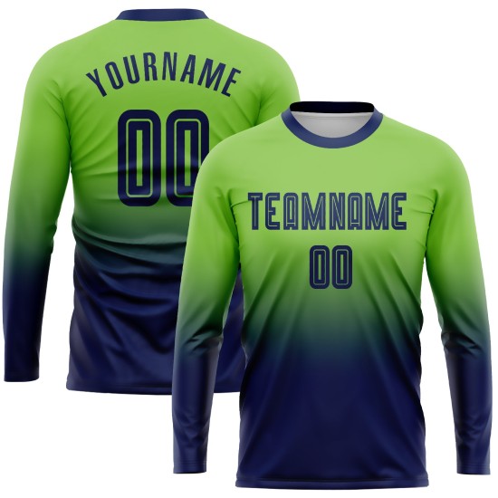 Uniform op maat gemaakt voetbal mode marineblauw fade shirt sublimatie groene mouw lange neon