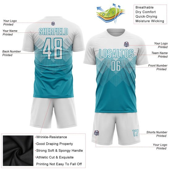 Teal Uniform Sublimatie Voetbalshirt Wit Aangepast Teal Uniform Sublimatie Voetbalshirt Wit Aangepast