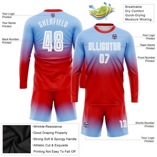 Blauw shirt licht op maat gemaakt wit-rood voetbaluniform mode mouw sublimatie fade lang Blauw shirt licht op maat gemaakt wit-rood voetbaluniform mode mouw sublimatie fade lang