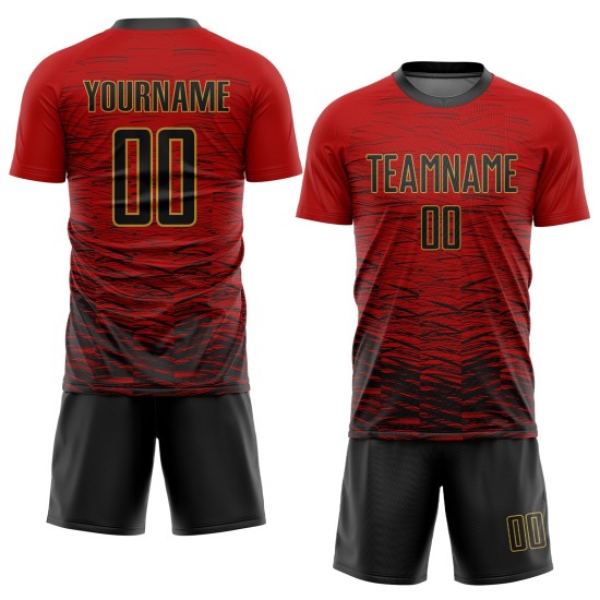 Jersey Uniform Rood Custom Sublimatie Goud Voetbal Zwart-Oud Jersey Uniform Rood Custom Sublimatie Goud Voetbal Zwart-Oud