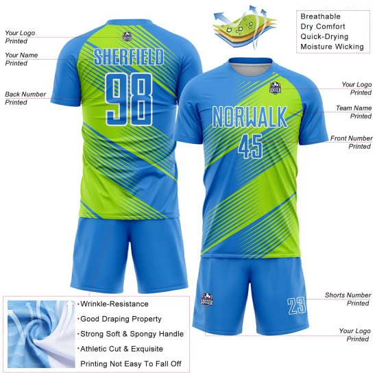 Blauw neon op maat gemaakt groen-wit voetbal uniform poeder jersey sublimatie Blauw neon op maat gemaakt groen-wit voetbal uniform poeder jersey sublimatie