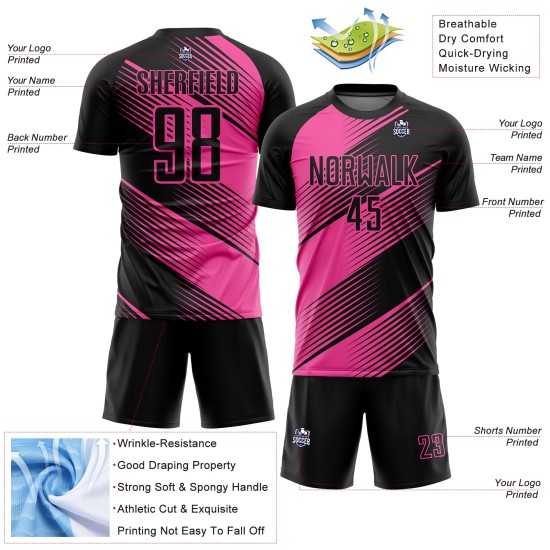 Voetbalshirt op maat met sublimatielijn, zwart en roze uniform