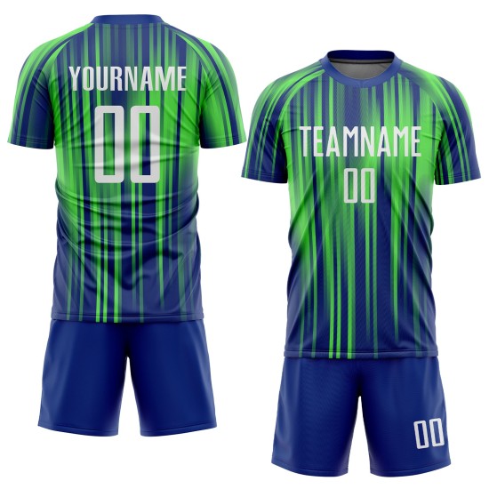 Groen Neon Aangepast Wit-Koninklijk Sublimatie Uniform Jersey Voetbal Groen Neon Aangepast Wit-Koninklijk Sublimatie Uniform Jersey Voetbal