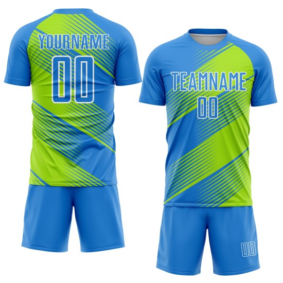 Blauw neon op maat gemaakt groen-wit voetbal uniform poeder jersey sublimatie Blauw neon op maat gemaakt groen-wit voetbal uniform poeder jersey sublimatie