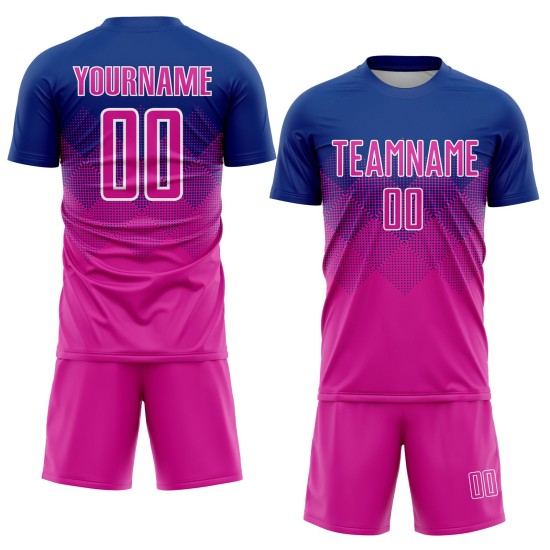 Diep roze-wit uniform Koninklijk shirt op maat gemaakt voetbal sublimatie Diep roze-wit uniform Koninklijk shirt op maat gemaakt voetbal sublimatie