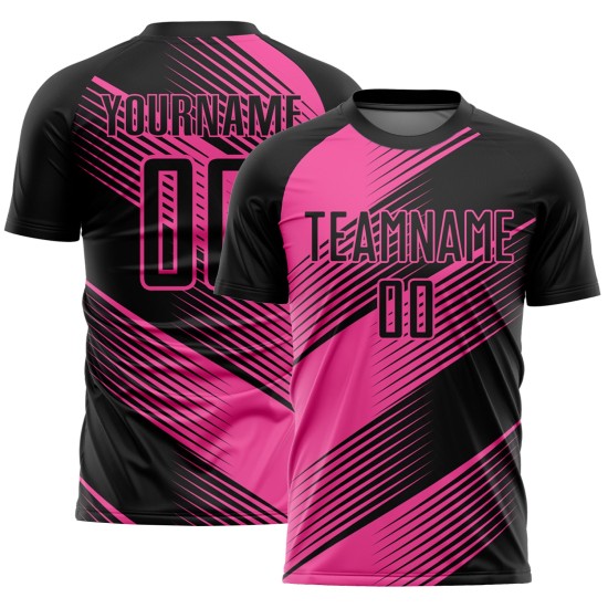 Voetbalshirt op maat met sublimatielijn, zwart en roze uniform