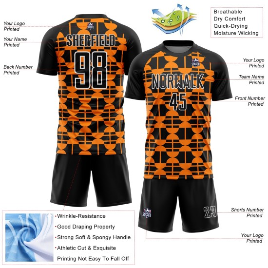 Voetbalshirt Bay Geometrisch Aangepast Zwart Uniform Vormen Oranje-Wit Sublimatie