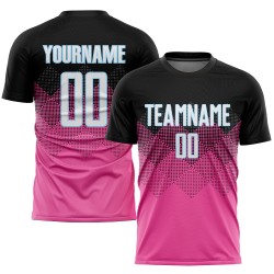 Sublimatie Gradiënt Vierkant Roze Voetbal Aangepast Zwart-Lichtblauw Vorm Uniform Jersey