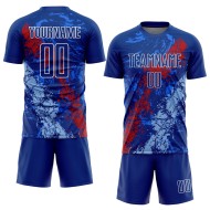 Blauw shirt druipend koninklijk sublimatie-uniform op maat gemaakte spetters rood licht kunst voetbal