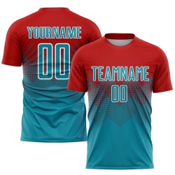 Rood blauwgroen-wit uniform aangepast sublimatie voetbalshirt