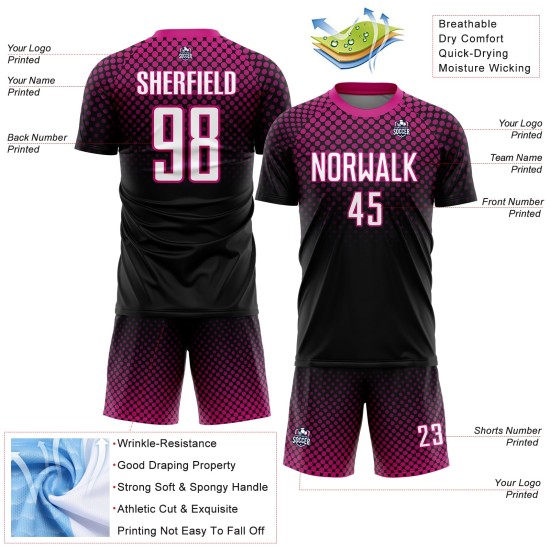 Sublimatie Zwart Jersey Aangepaste Halftone Stippen Roze Uniform Voetbal Wit-Diep Sublimatie Zwart Jersey Aangepaste Halftone Stippen Roze Uniform Voetbal Wit-Diep