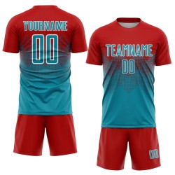 Rood blauwgroen-wit uniform aangepast sublimatie voetbalshirt
