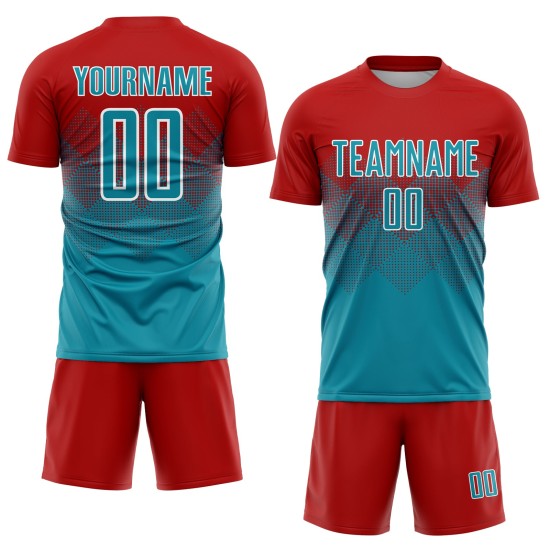 Rood blauwgroen-wit uniform aangepast sublimatie voetbalshirt Rood blauwgroen-wit uniform aangepast sublimatie voetbalshirt