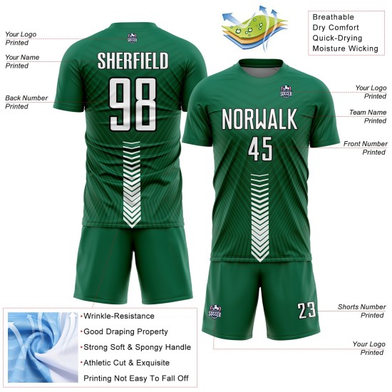 Kelly Green Wit-Zwart Aangepaste Vormen Pijl Jersey Voetbaluniform Sublimatie Kelly Green Wit-Zwart Aangepaste Vormen Pijl Jersey Voetbaluniform Sublimatie