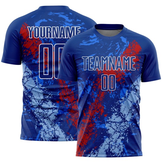 Blauw shirt druipend koninklijk sublimatie-uniform op maat gemaakte spetters rood licht kunst voetbal