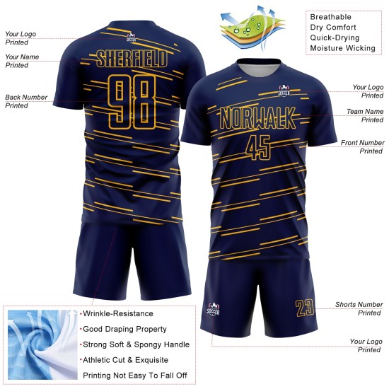 Voetbaluniform Lijnen Sublimatie Geel Marineblauw Aangepast Jersey