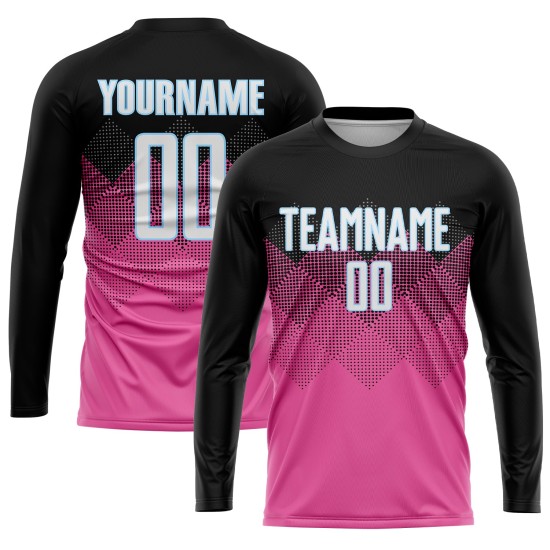 Sublimatie Gradiënt Vierkant Roze Voetbal Aangepast Zwart-Lichtblauw Vorm Uniform Jersey Sublimatie Gradiënt Vierkant Roze Voetbal Aangepast Zwart-Lichtblauw Vorm Uniform Jersey