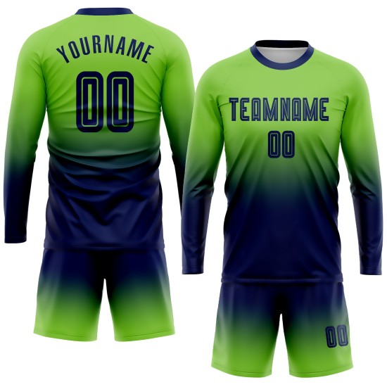 Uniform op maat gemaakt voetbal mode marineblauw fade shirt sublimatie groene mouw lange neon