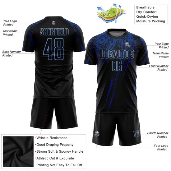 Licht Jersey Uniform Zwart Voetbal Sublimatie Aangepast Blauw-Koninklijk Licht Jersey Uniform Zwart Voetbal Sublimatie Aangepast Blauw-Koninklijk